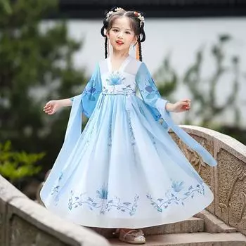 Древний костюм ханьфу для девочек, детское платье для маленьких девочек в китайском стиле, платье Тан, юбка принцессы, национальный костюм, детский S синий