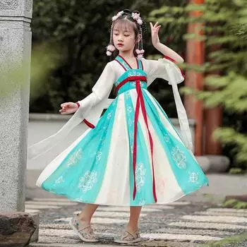 Древний костюм ханьфу для девочек, детское платье для маленьких девочек в китайском стиле, платье Тан, юбка принцессы, национальный костюм, детский S красный