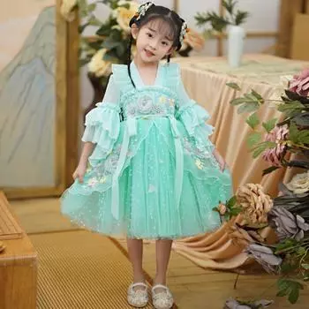 Древний костюм ханьфу для девочек, детское платье для маленьких девочек в китайском стиле, платье Тан, юбка принцессы, национальный костюм, детский S зелёный