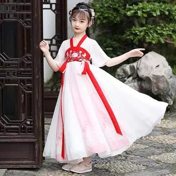 Древний костюм ханьфу для девочек, детское платье для маленьких девочек в китайском стиле, платье Тан, юбка принцессы, национальный костюм, детский S розовый