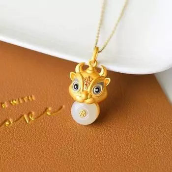 Древний метод эмалирования и подвеска из нефрита Тянь и ожерелье со знаком зодиака Бык из нефрита Подвеска из нефрита Голова быка из нефрита инкрустированное медью ожерелье из нефрита