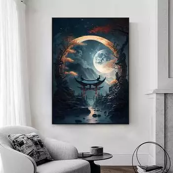 Древний пейзаж Лунная ночь Сюрреализм Искусство Холст Картина Настенный поп-плакат и принты Фэнтезийные ворота Современная гостиная Спальня Домашние фотографии Декор 20x30cm No Frame белый