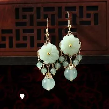 Древний стиль, серьги-капли из натурального нефрита, декоративные аксессуары в этническом стиле, подарок на день рождения, годовщину для женщин зелёный