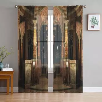 Древний зал с колоннами и крестом Тюль Прозрачные шторы для гостиной Спальня Кухня Украшения Вуаль Органза Шторы 135W x 114H(cm)