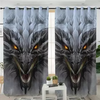 Древняя голова священного дракона, шторы для гостиной, серые каменные шторы для спальни, 3D-игра «Демон», шторы для детской комнаты 50W130H(CM)X2PCS&Grommet Top