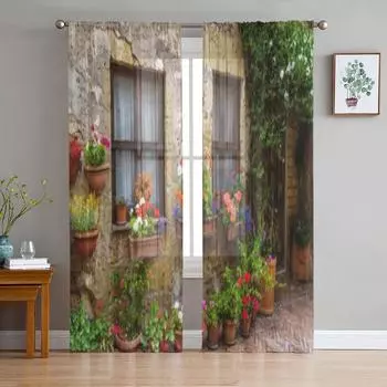 Древняя итальянская деревня, наполненная цветами, тюлевые прозрачные шторы для гостиной, кухни, украшения, вуаль, шторы из органзы 135W x 114H(cm)