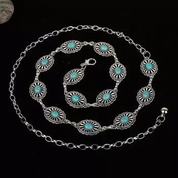 Древняя серебристая металлическая цепочка на талию, гравированный ремень с инкрустацией сосновым камнем, женский этнический стиль с платьем, ретро-цепочка серебряный