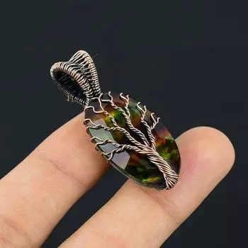 Древо Жизни Аммолитовый Драгоценный Камень Медная Проволока Обертка Кулон Ручной Работы Индийские Украшения Для Нее 1.88 Inches зелёный