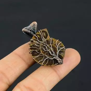 Древо Жизни Аммонит Ископаемый Драгоценный Камень Медная Проволока Обертка Кулон Ручной Работы Ювелирные Изделия Для Подарка 1.77 коричневый