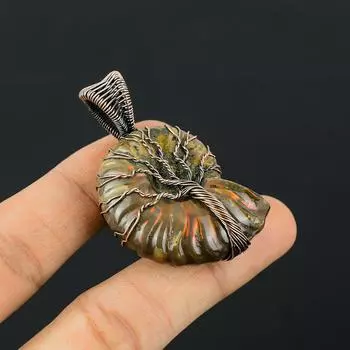 Древо Жизни Аммонит Ископаемый Драгоценный Камень Медная Проволока Обертывание Кулон Ручной Работы Ювелирные Изделия Свадебный Подарок 2.16 Inches