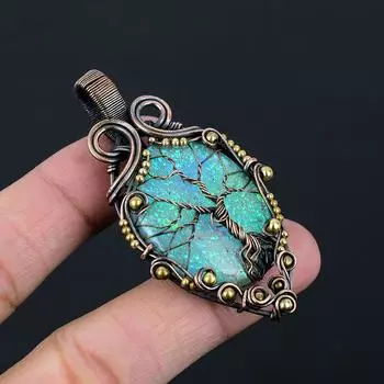 Древо Жизни Австралийский Тройной Опал Драгоценный Камень Чистая Медная Проволока Обернутые Ювелирные Изделия Подвески Ручной Работы 2.64 Inches синий