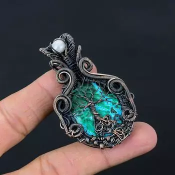 Древо жизни Азурит Малахит и лунный камень Драгоценный камень Чистая медная проволока Ювелирная подвеска ручной работы 2.56 Inches синий