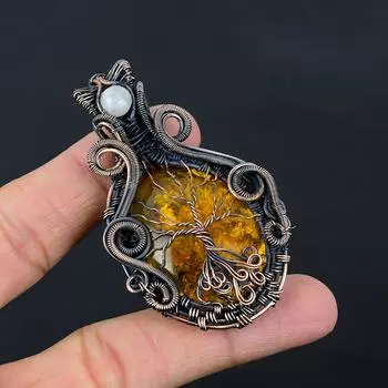 Древо жизни, балтийский янтарь и лунный камень, драгоценный камень, обертка из чистой медной проволоки, ювелирный кулон ручной работы 2.76 Inches жёлтый