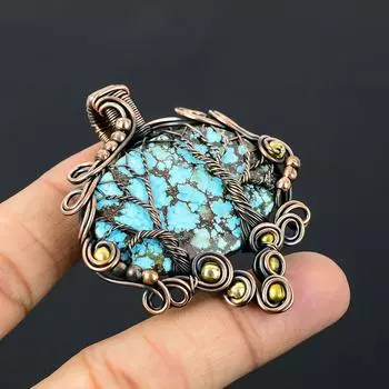 Древо жизни бирюзовый драгоценный камень чистая медная проволока обернутая подвеска ручной работы ювелирные изделия 2.56 Inches синий