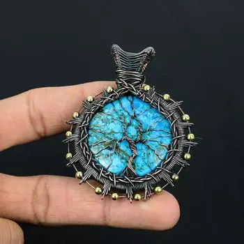 Древо жизни бирюзовый драгоценный камень ручной работы из чистой медной проволоки обернутый замечательный ювелирный кулон 2.56 Inches синий