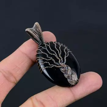 Древо жизни, черный оникс, драгоценный камень, чистая медная проволока, ювелирная подвеска ручной работы для женщин 2.36 Inches чёрный