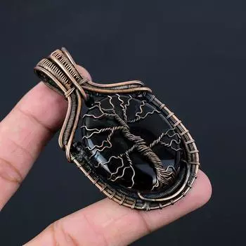 Древо жизни, черный оникс, драгоценный камень, чистая медная проволока, обернутая ювелирным кулоном ручной работы 3.07 Inches чёрный