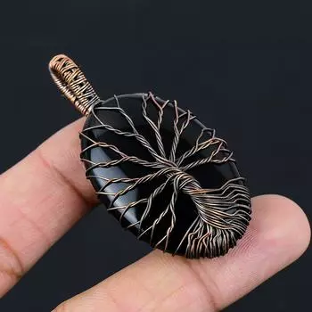 Древо жизни черный оникс драгоценный камень чистая медная проволока обернутая подвеска ручной работы ювелирные изделия 2.36 Inches чёрный