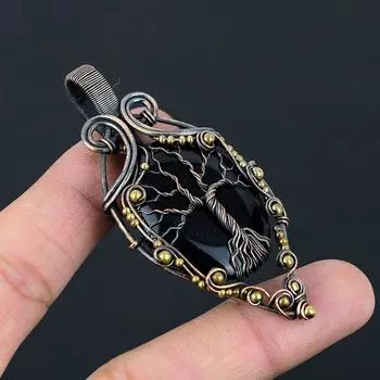 Древо жизни черный оникс драгоценный камень чистая медная проволока обернутая подвеска ручной работы ювелирные изделия 2.95 Inches чёрный