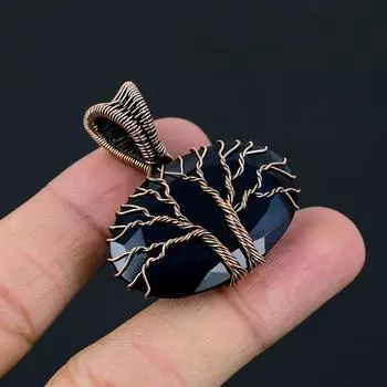 Древо Жизни Черный оникс Драгоценный камень Медная проволока Обёрточная бумага Подвеска Ювелирный подарок для любви 1.65 Inches чёрный