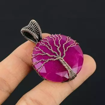 Древо Жизни Черный оникс Драгоценный камень Медная проволока Оберточная подвеска ручной работы Ювелирные изделия для нее 1.96 Inches розовый