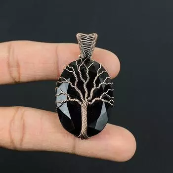 Древо жизни, черный оникс, драгоценный камень, ювелирные изделия ручной работы, подвеска из чистой медной проволоки на День Благодарения 2.05 Inches чёрный