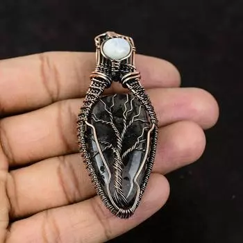 Древо Жизни Черный Рутил Драгоценный Камень Кулон Медная Проволока Обернутые Ювелирные Изделия Радуга Ювелирные Изделия Из Лунного Камня Дизайнерский Кулон Ручной Работы Подарок Для Матери