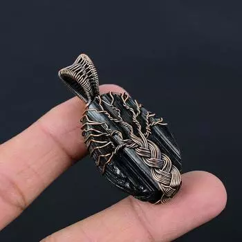 Древо жизни, черный турмалин, драгоценный камень, чистая медная проволока, ювелирная подвеска ручной работы 2.17 Inches чёрный