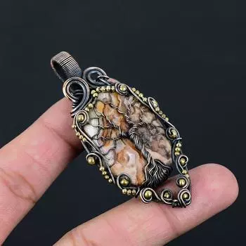 Древо жизни Crazy Lace Agate Gemstone Pure Copper Wire Wrapped Handmade Pendant Jewelry 2.76 Inches розовый