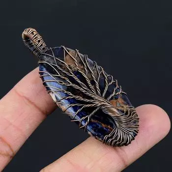 Древо Жизни Драгоценный Камень Чистая Медная Проволока Обернутая Ювелирные Изделия Кулон Ручной Работы 2.64 Inches синий