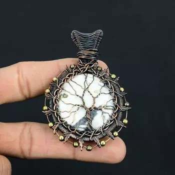 Древо жизни Драгоценный камень говлит ручной работы из чистой медной проволоки, обернутый кулон, ювелирные изделия для Дня памяти 2.56 Inches белый
