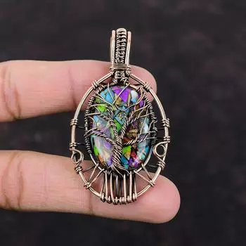 Древо жизни Fiesta Kingman Бирюзовый кулон Мульти Медный бирюзовый кулон Медная проволока Обернутая подвеска с драгоценным камнем Ювелирные изделия ручной работы для подарка