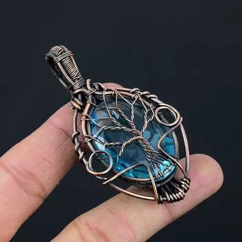 Древо Жизни Голубой топаз Драгоценный камень Медная проволока Обертывание Ювелирные изделия ручной работы Подвеска Подарок для любви 2.87 Inches синий