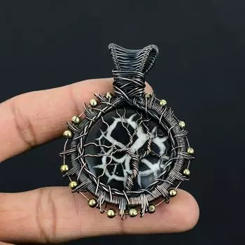 Древо жизни, грязевая трещина, ископаемый драгоценный камень, ручная работа из чистой медной проволоки, ювелирный кулон на День Благодарения 2.56 Inches чёрный