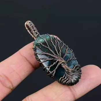 Древо жизни Индийский мох Агат Драгоценный камень Чистая медная проволока Обернутая подвеска ручной работы Ювелирные изделия 2.36 Inches зелёный