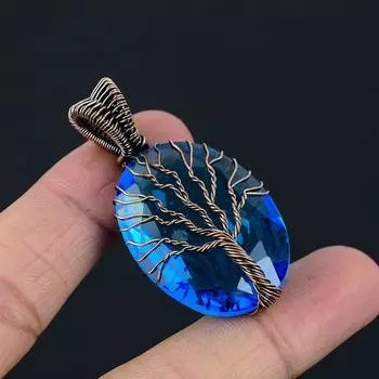 Древо Жизни Иолитовый драгоценный камень Медная проволока Оберточная подвеска ручной работы Ювелирные изделия для нее 1.97 Inches синий