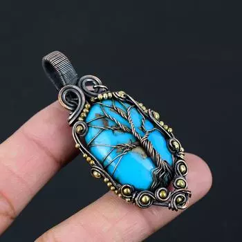 Древо жизни иранский бирюзовый драгоценный камень из чистой медной проволоки, завернутый в подвеску ручной работы, ювелирные изделия 2.64 Inches синий