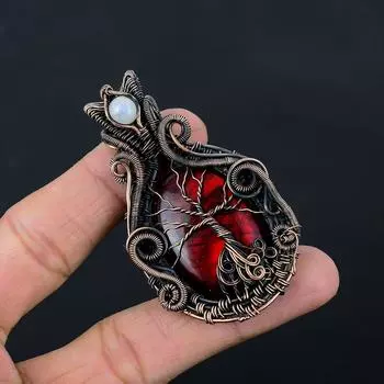 Древо жизни Красный лабрадорит и лунный камень Драгоценный камень Чистая медная проволока Ювелирная подвеска ручной работы 2.68 Inches красный