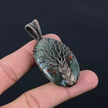 Древо Жизни Кровавый Камень Драгоценный Камень Чистая Медная Проволока Обруч Ювелирный Кулон Ручной Работы 2.48 Inches зелёный
