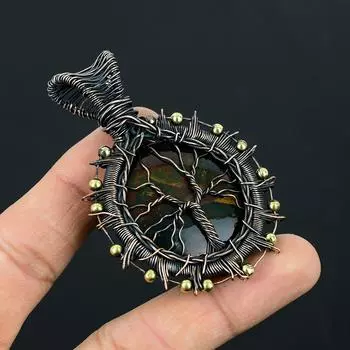 Древо жизни кровавый камень драгоценный камень чистая медная проволока обертка ручной работы уникальный ювелирный кулон 2.56 Inches чёрный