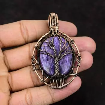 Древо жизни Кулон с чароитом Ювелирные изделия из драгоценных камней Медная проволока Кулон Ювелирные изделия ручной работы Дизайнерский кулон Древо жизни Ювелирные изделия для подарка