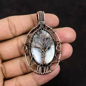 Древо жизни Кулон с дендритовым опалом Кулон с драгоценным камнем Кулон из медной проволоки Кулон ручной работы Дендритовый опал Ювелирные изделия Дизайнерский кулон Подарок для нее