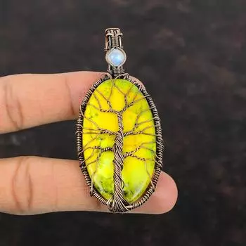 Древо жизни Кулон с желтым дендритовым опалом Медная проволока Кулон Радужный кулон с лунным камнем Кулон из драгоценного камня Ювелирные изделия ручной работы для подарка