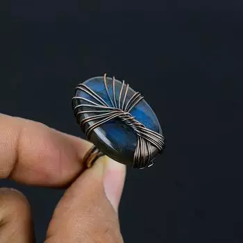 Древо Жизни Лабрадорит Драгоценный Камень Медная Проволока Обернутые Ювелирные Изделия Ручной Работы Все Размерные Кольца Для Женщин 4 синий