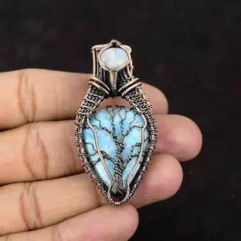 Древо жизни ларимар драгоценный камень кулон медная проволока обернутая ювелирные изделия лунный камень ювелирные изделия ручной работы дизайнерские ювелирные изделия подарок для нее подарок для матери