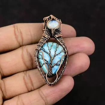 Древо жизни Ларимар Подвеска с драгоценным камнем Медная проволока Ювелирные изделия в обертке Радуга Ювелирные изделия из лунного камня Ювелирные изделия ручной работы Для подарка Подвеска «Древо жизни»