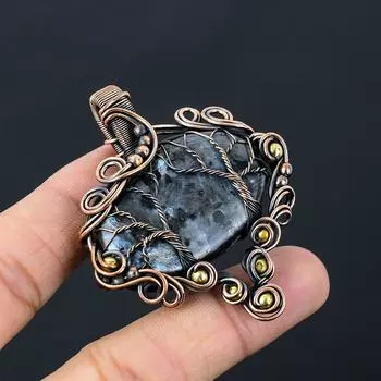 Древо жизни Ларвикит драгоценный камень чистая медная проволока обернутая подвеска ручной работы ювелирный подарок для нее 2.56 Inches серый