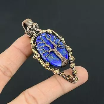 Древо жизни лазурит драгоценный камень ручной работы из чистой медной проволоки кулон ювелирные изделия на День Благодарения 2.83 Inches синий