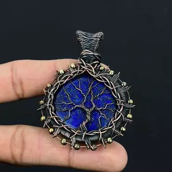 Древо жизни лазурит драгоценный камень ручной работы из чистой медной проволоки обернутый замечательный ювелирный кулон 2.56 Inches синий