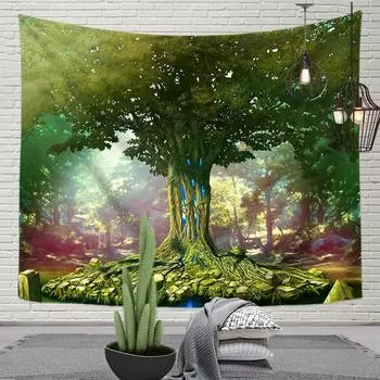 Древо жизни, лесной гобелен, загадочное сине-зеленое дерево, подвесная занавеска для спальни, хиппи, украшение для дома, спальни, гостиной 100X75CM
